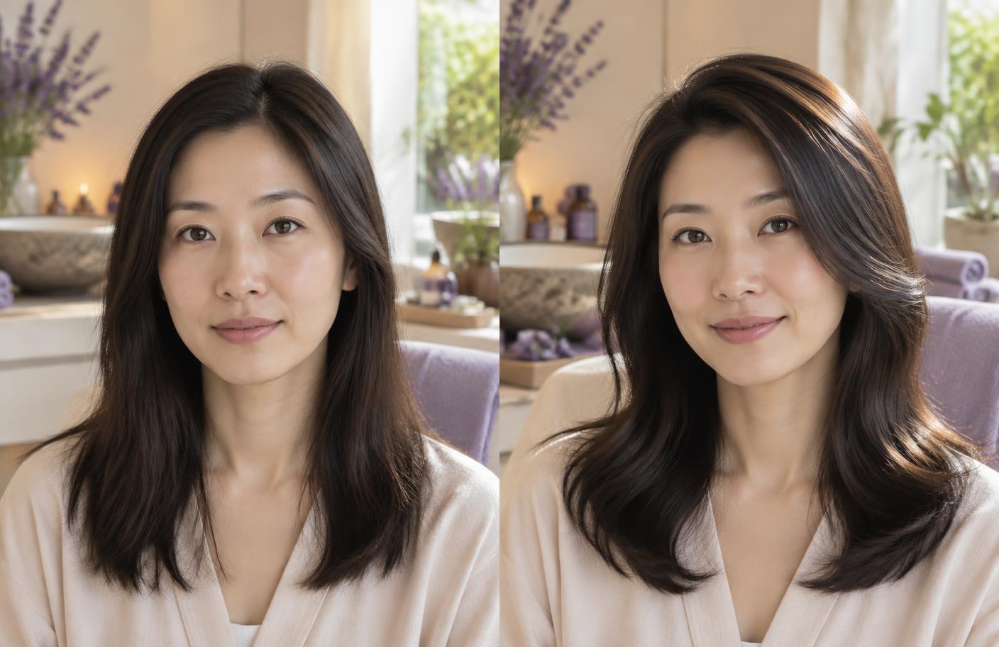 AI mockup showing a before-and-after guest story for Purple Scalp Purification