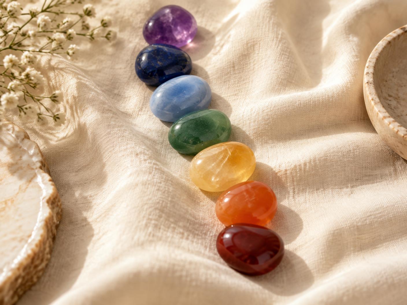 Seven polished chakra stones arranged on warm linen