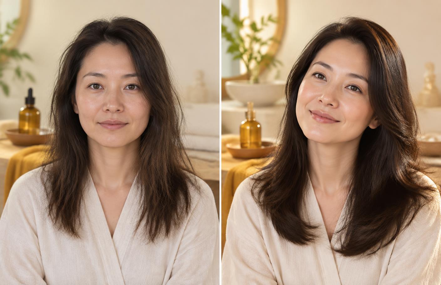 AI mockup showing a before-and-after guest story for Yellow Warm Oil Activator