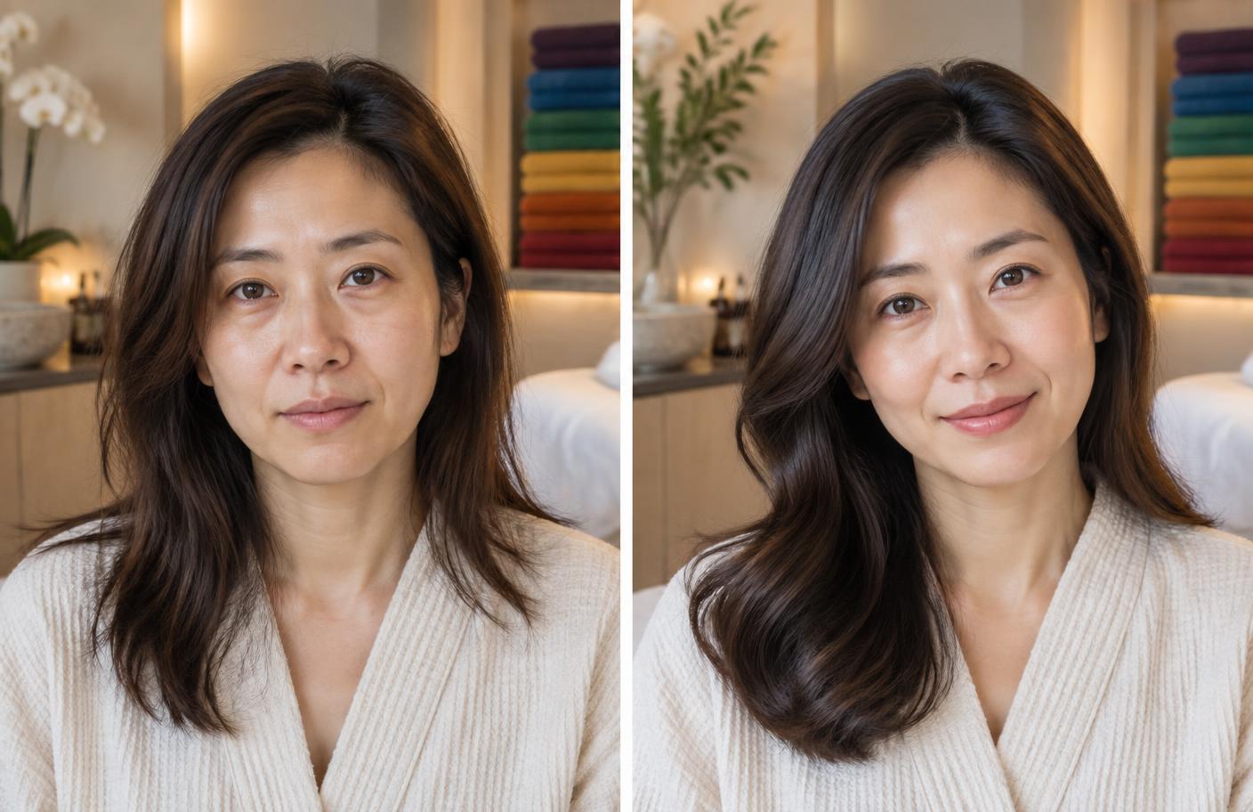 AI mockup showing a before-and-after guest story for Complete 7-Chakra Scalp Reset Ritual