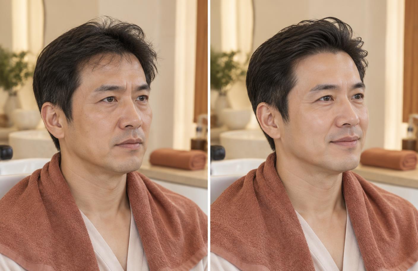 AI mockup showing a before-and-after guest story for Red Grounding Deep Scalp Massage