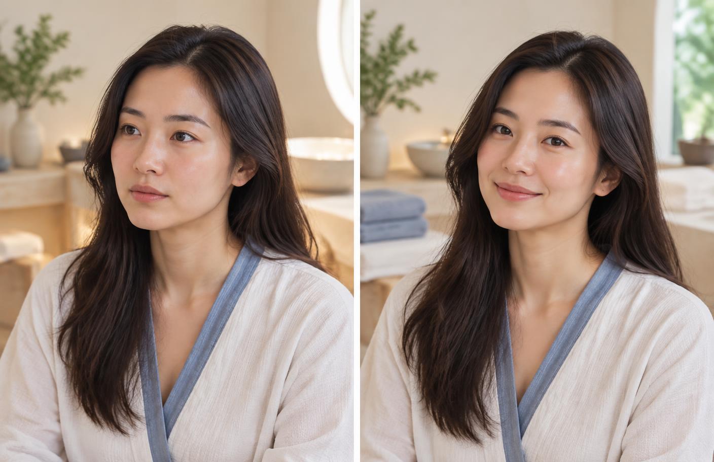AI mockup showing a before-and-after guest story for Blue Neck-to-Scalp Drainage Flow